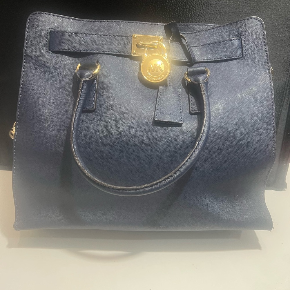Michael Kors Navy Saffiano Leather Satchel with Gold Hardware